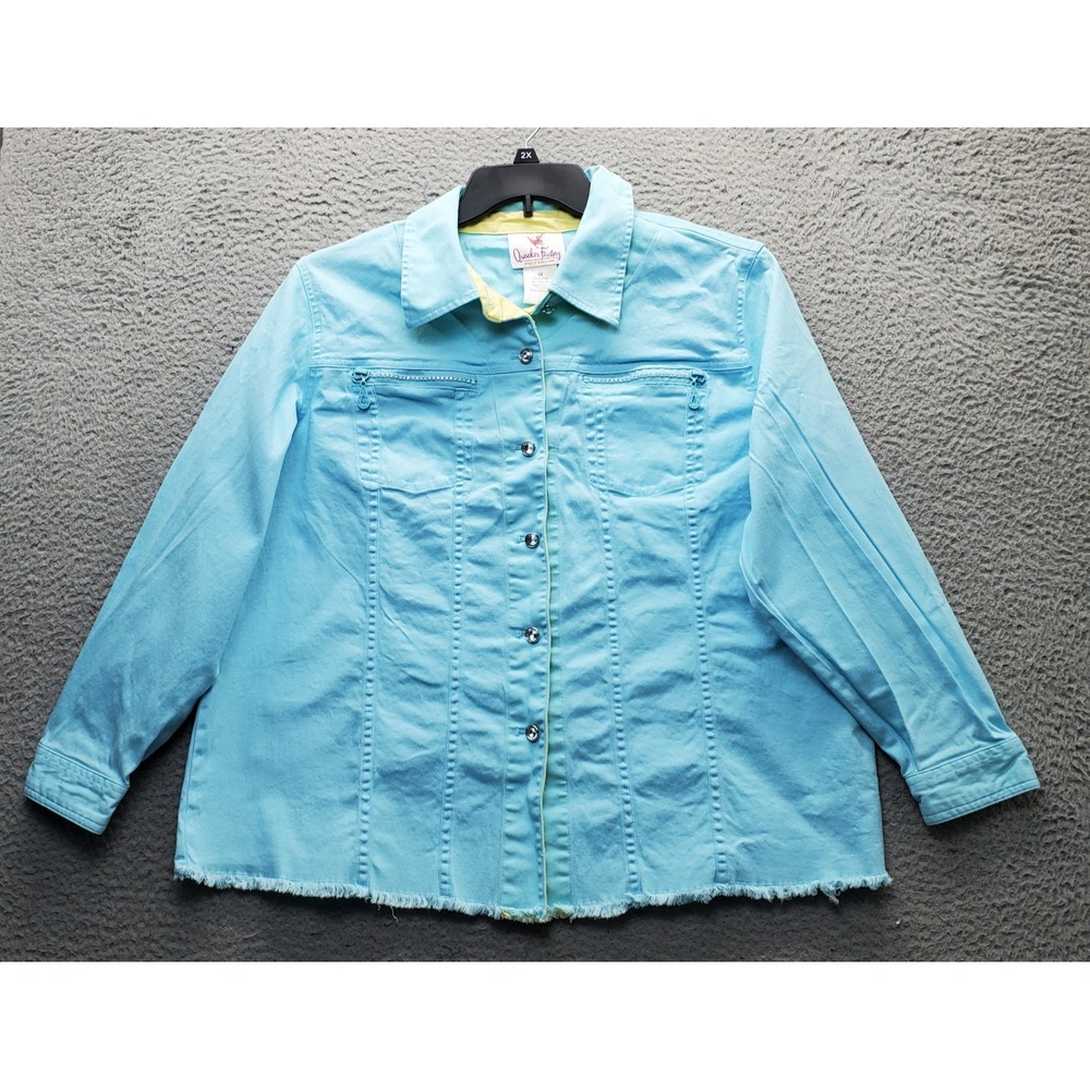 Quacker Factory Denim Jacket Womens 1X Blue Stretch Zip Pocket Button Up Raw Hem